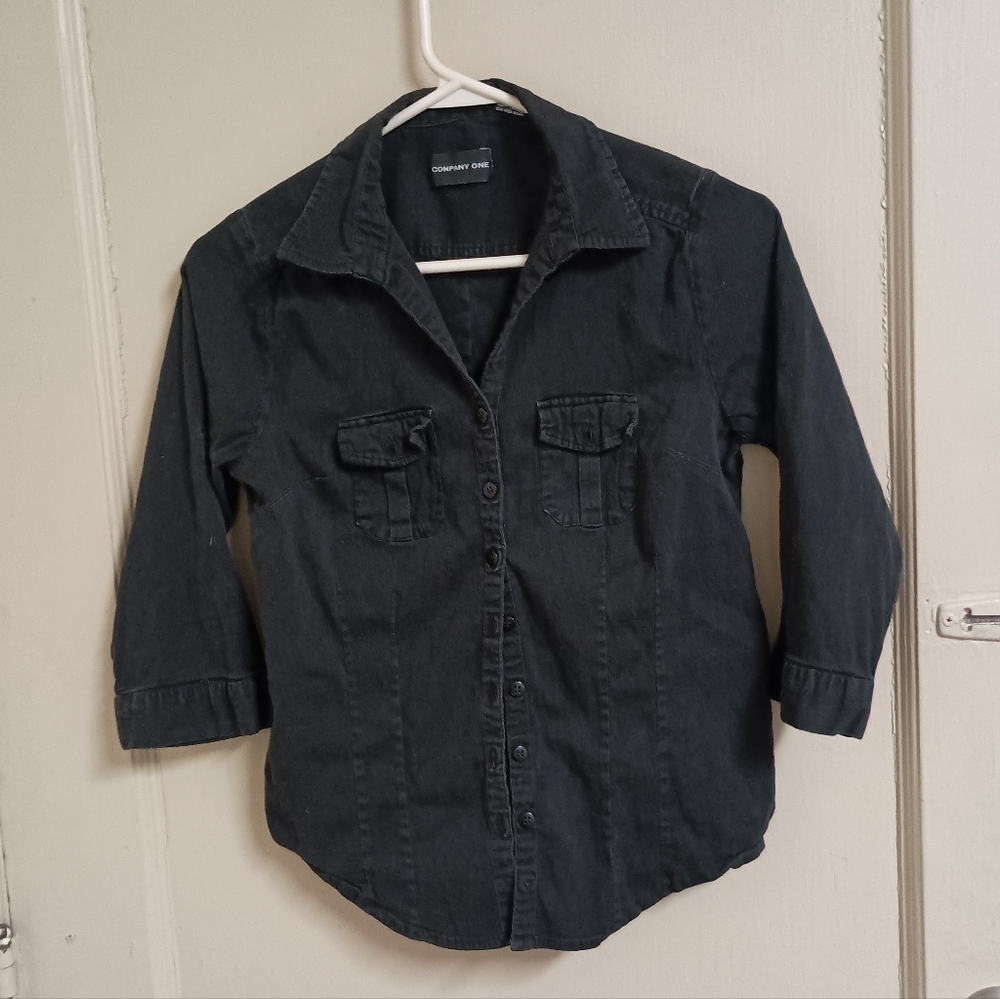 Company One Women's Black Collarded Button-Up Quarter Sleeve Tee Size Small